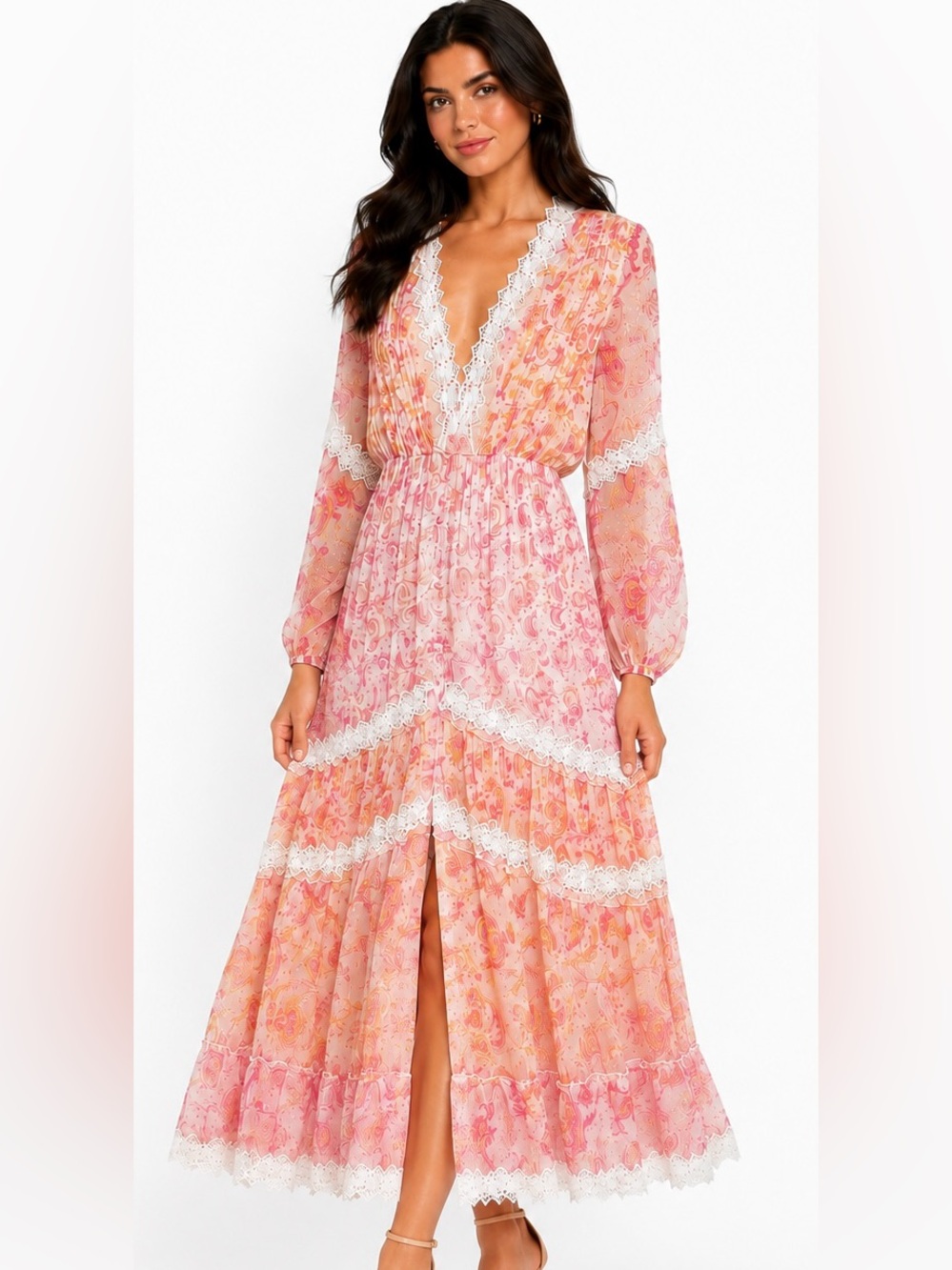 NWT Rococo Sand Candy Long Maxi Dress Pink Paisley Lace XS